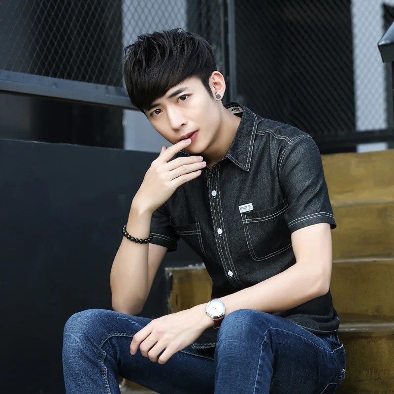 Рубашка мужская джинсовая хлопковая Классическая модная короткая блуза из