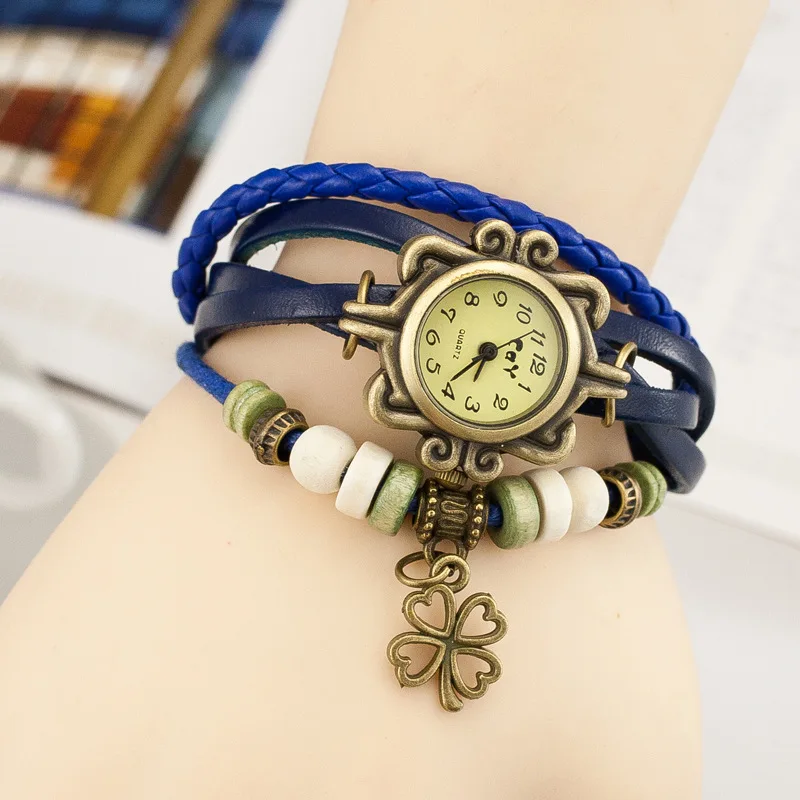 Женские винтажные часы CAY Lucky Clover кварцевые наручные с плетеным кожаным ремешком
