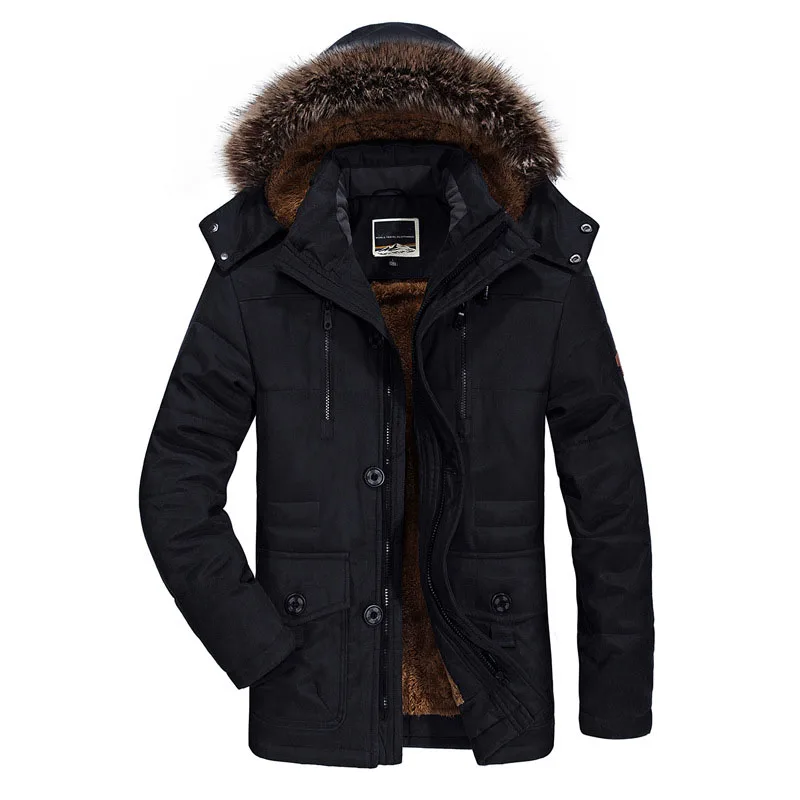 Новинка, 6XL, зимние мужские парки, пальто, флис, меховой воротник, с капюшоном, мужские, утолщенные, теплые, повседневные, парка, мужская, брендовая, толстая, тонкая, пальто, BG7176 - Цвет: Черный