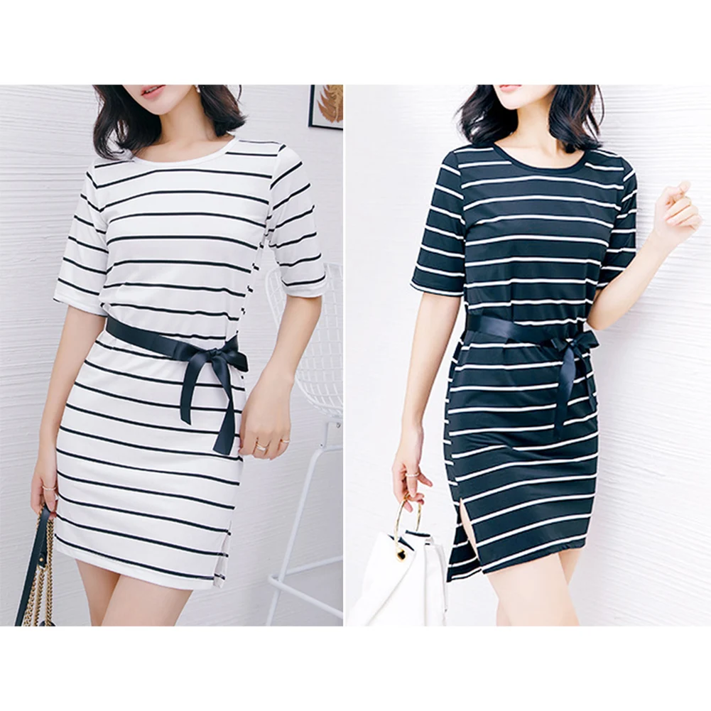 Женское длинное платье-футболка в полоску с разрезом по бокам рукавом пять