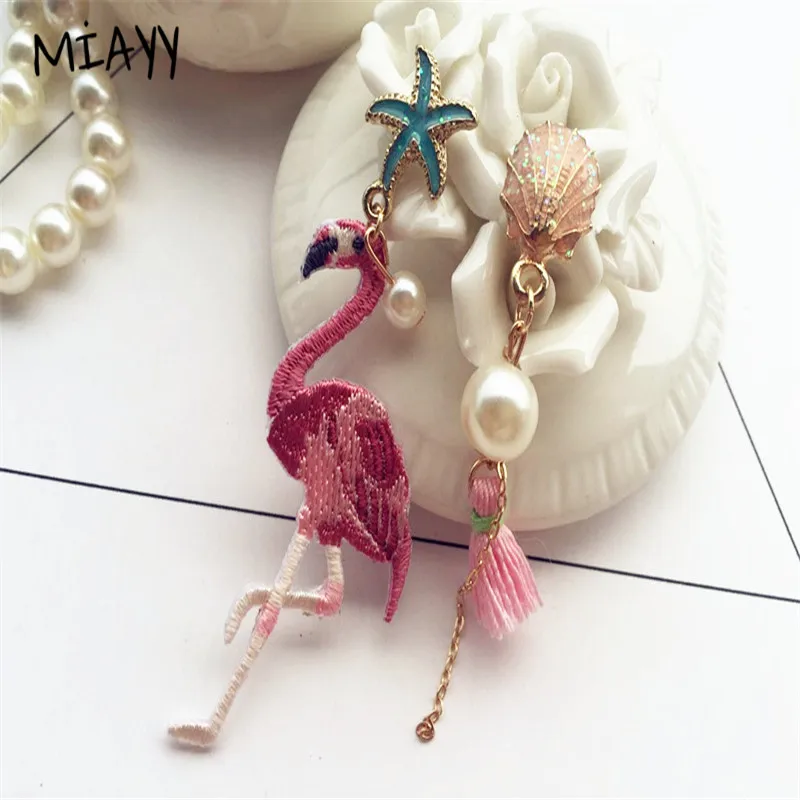 Fashion Tassel Flamingo Earring For Women Shell Pearl Star Handmade Asymmetric Statement Bohemia Jewelry Holiday | Украшения и