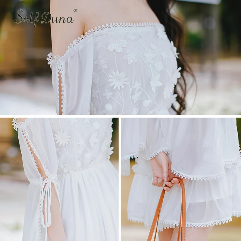 Женское Короткое платье Boho белое шифоновое с цветочной вышивкой Пляжное мини