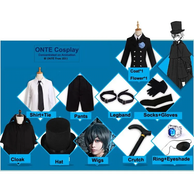 14 часть в 1 Набор Аниме Черный дворецкий Ciel Phantomhive Funeral Cotumes Хэллоуин мужские Необычные Вечерние полный комплект