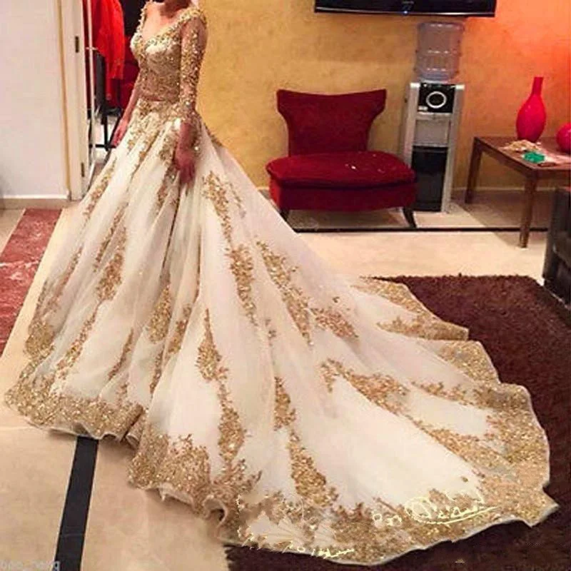 Роскошные золотые свадебные платья с v образным вырезом Sheer Shining свадебное платье