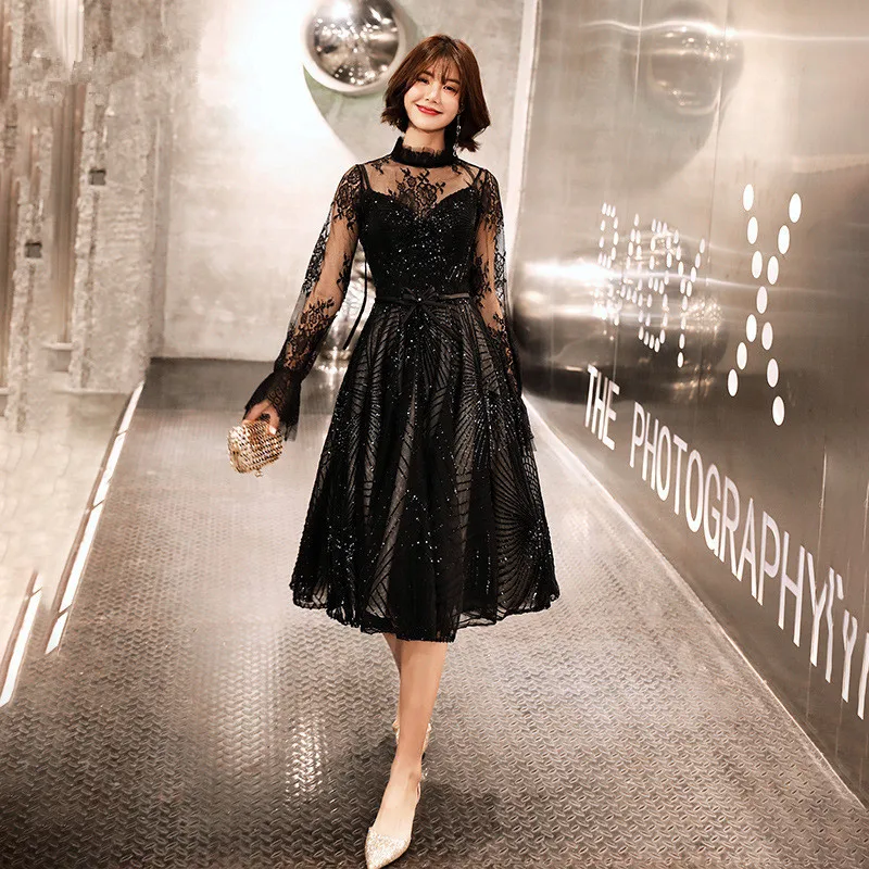 Платье для выпускного вечера черное сексуальное кружевное длинное блестящее