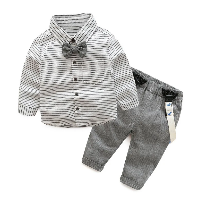 Newborn baby clothes children clothing gentleman boy grey striped shirt+overalls fashion newborn |