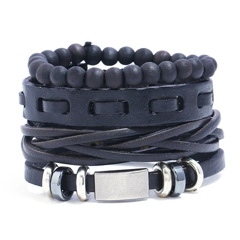 Браслет кожаный многослойный с деревянными бусинами для мужчин и женщин