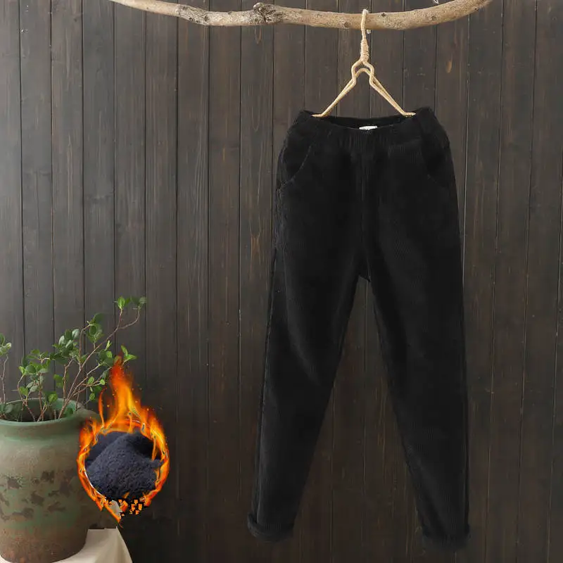 black plus velvet Вельветовые брюки женские с эластичной талией осенние зимние брюки женские плюс бархатные шаровары длинные брюки женские большие размеры XXXL C5656 - Цвет: black plus velvet