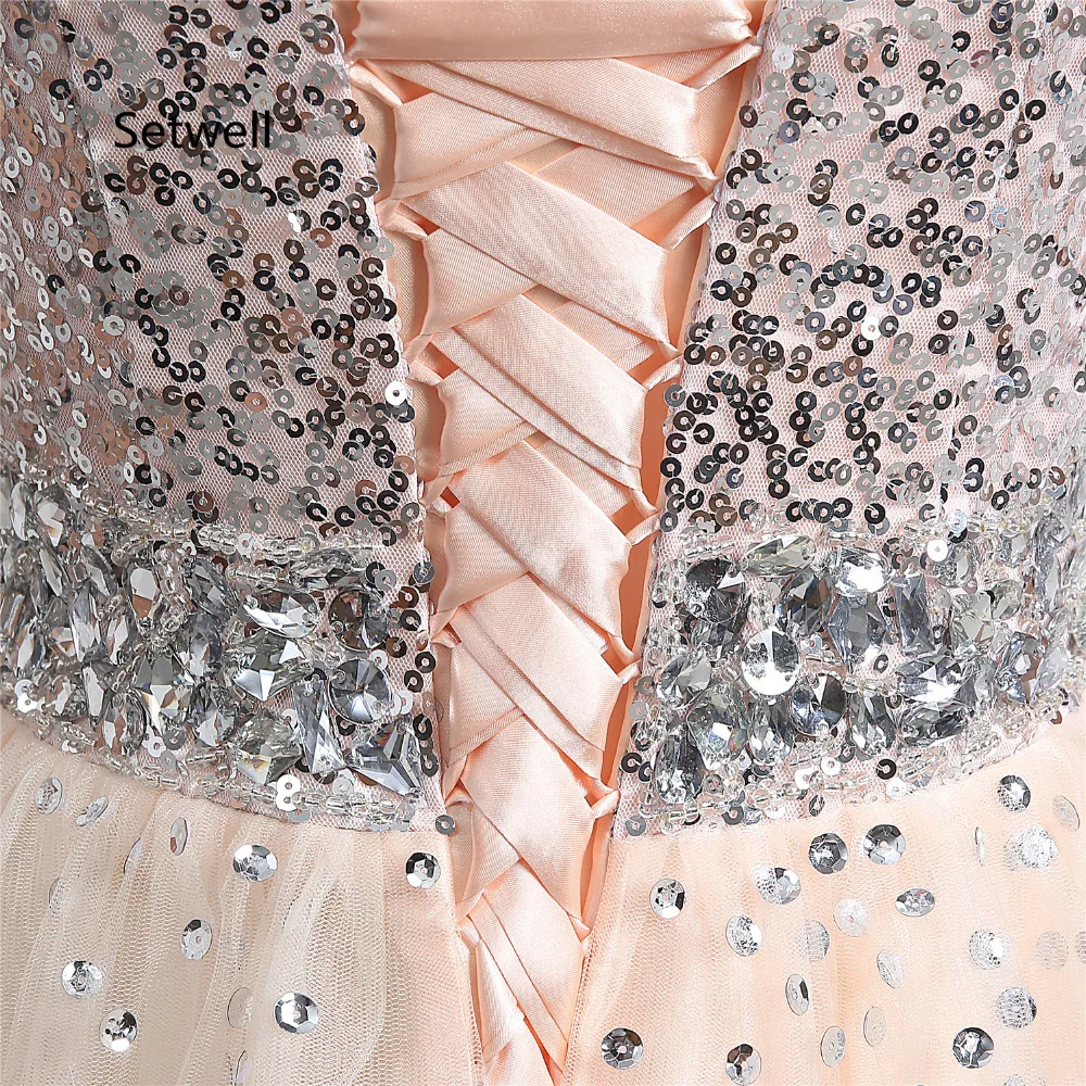 

Setwell Custom Made Glistening Sequined Crystal Prom Dresses Strapless Lace Up High Quality Evening Dress