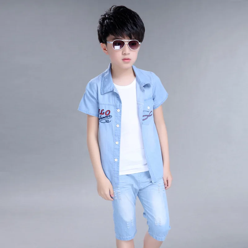 Kids Clothes Boy Summer Set Boys Denim Shirt + Jeans Shorts Children Clothing Brand for Size 4-14 |