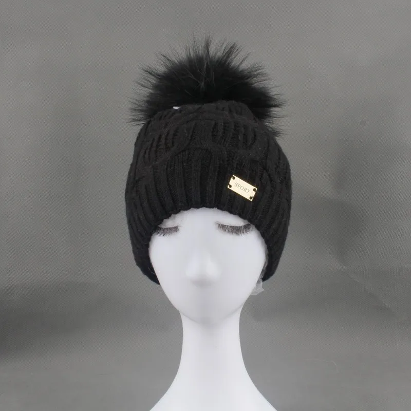 Новинка, модная женская Зимняя шерстяная вязаная шапка, женская шапка с помпоном из натурального меха с подкладкой, уличная спортивная шапка Skullies Beanies для женщин