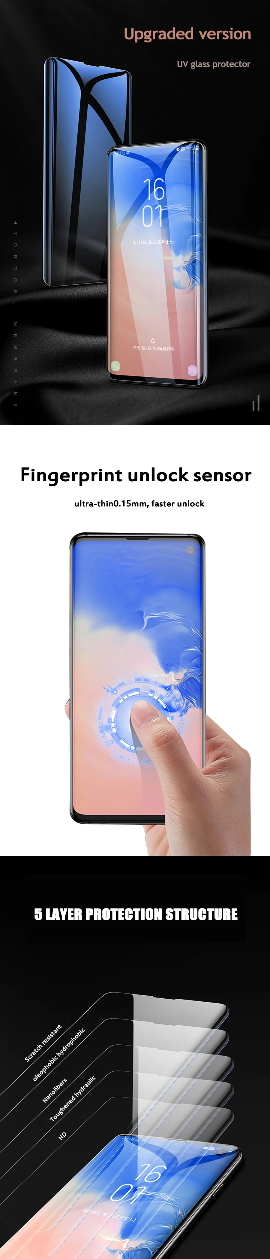 Ультрафиолетовый защитный экран с полным клеем для samsung S10e Plus S8 S9 Plus Note 9, закаленное стекло с полным покрытием, УФ-светильник, жидкий HW mate 30 Pro