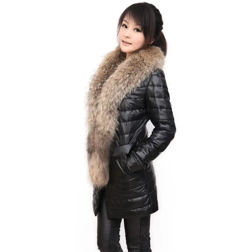 Куртка женская длинная из искусственной кожи с меховым воротником модель L886