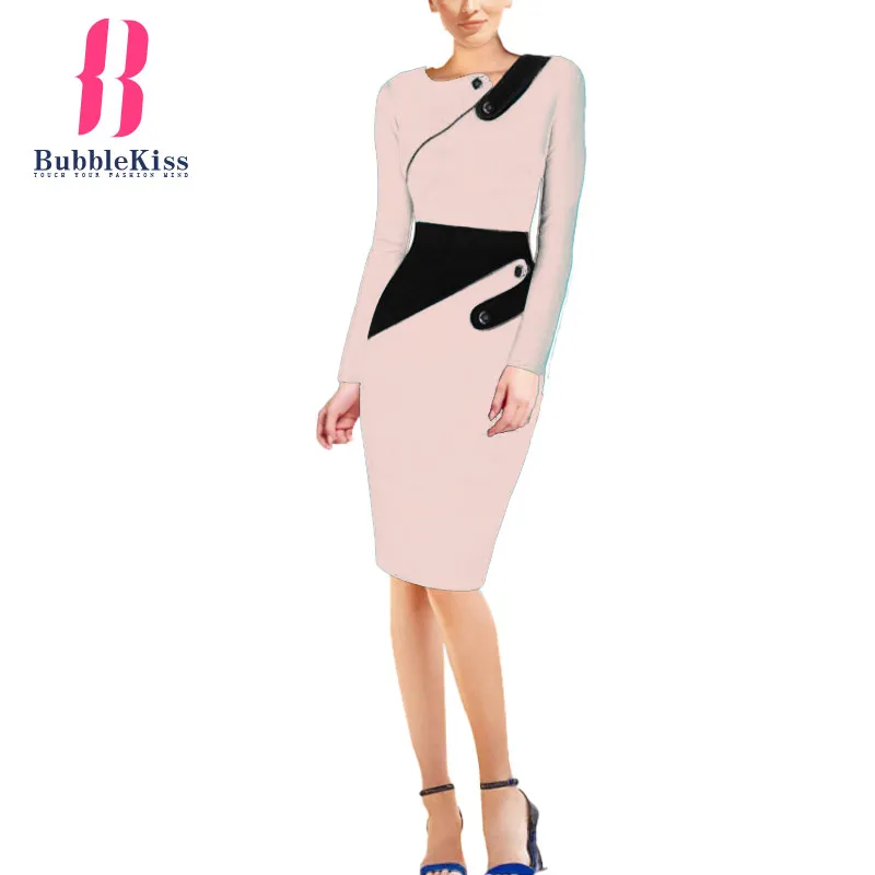 Bubblekiss Винтаж Лоскутная Bodycon Платья для женщин с длинным рукавом Демисезонный