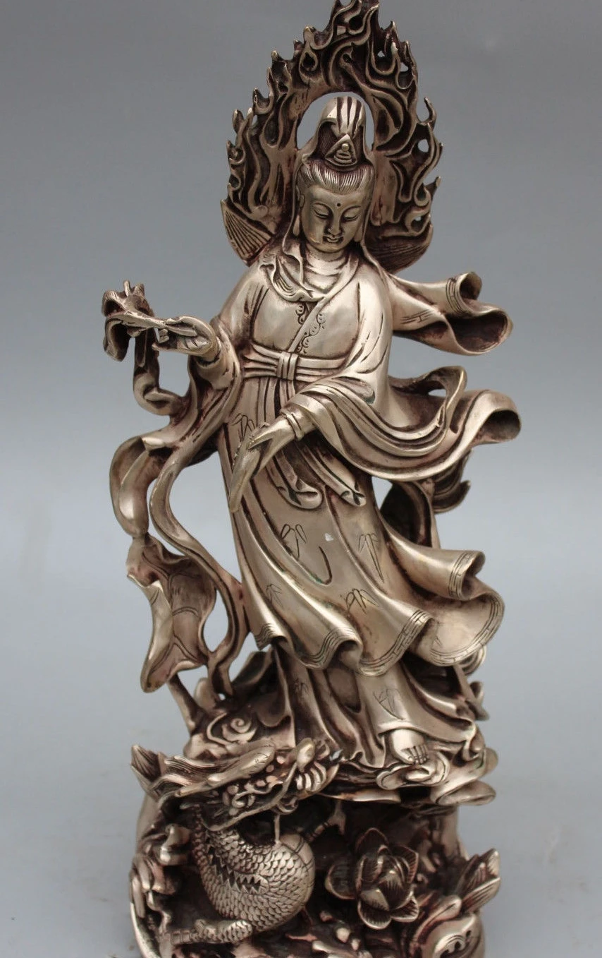 free shipping 17Chinese Silver Guanyin Kwan-yin Guan Yin Hold Vase On Lotus Dragon Sculpture | Дом и сад