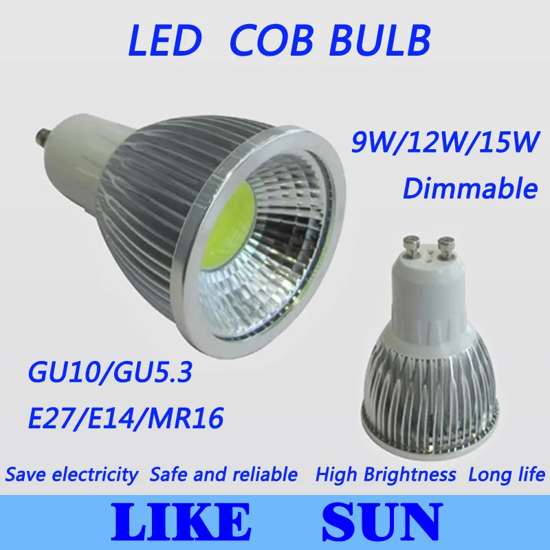 

Бесплатная доставка, 100 шт./лот, высокомощная светодиодная COB лампа с регулируемой яркостью E27/E14/GU10/GU5.3/MR16 9 Вт/12 Вт/15 Вт 110-240 В, светодиодная лам...