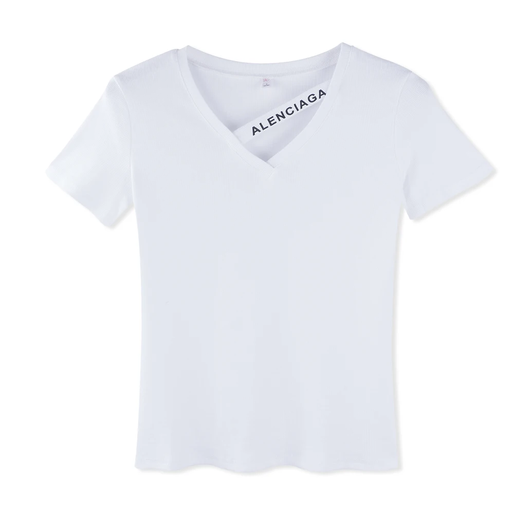

Neatie kiddie Sexy Hollow Out Patchwork Summer White T-shirt Women Tops Short Sleeve V-neck Letter Print T shirt