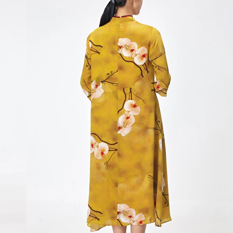 Женское шелковое платье с полурукавами желтое длинное летнее из натурального