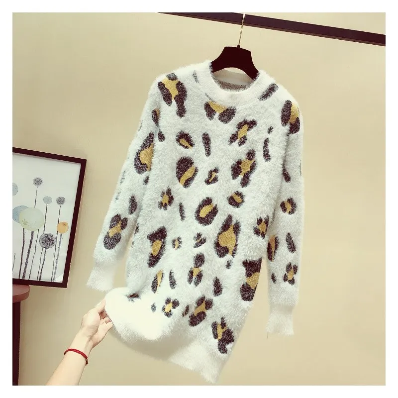 

3 Color Female O-Neck Knitted Pullovers Women Leopard Long Sweaters Casual Spring Autumn Long Sleeve Loose Tops