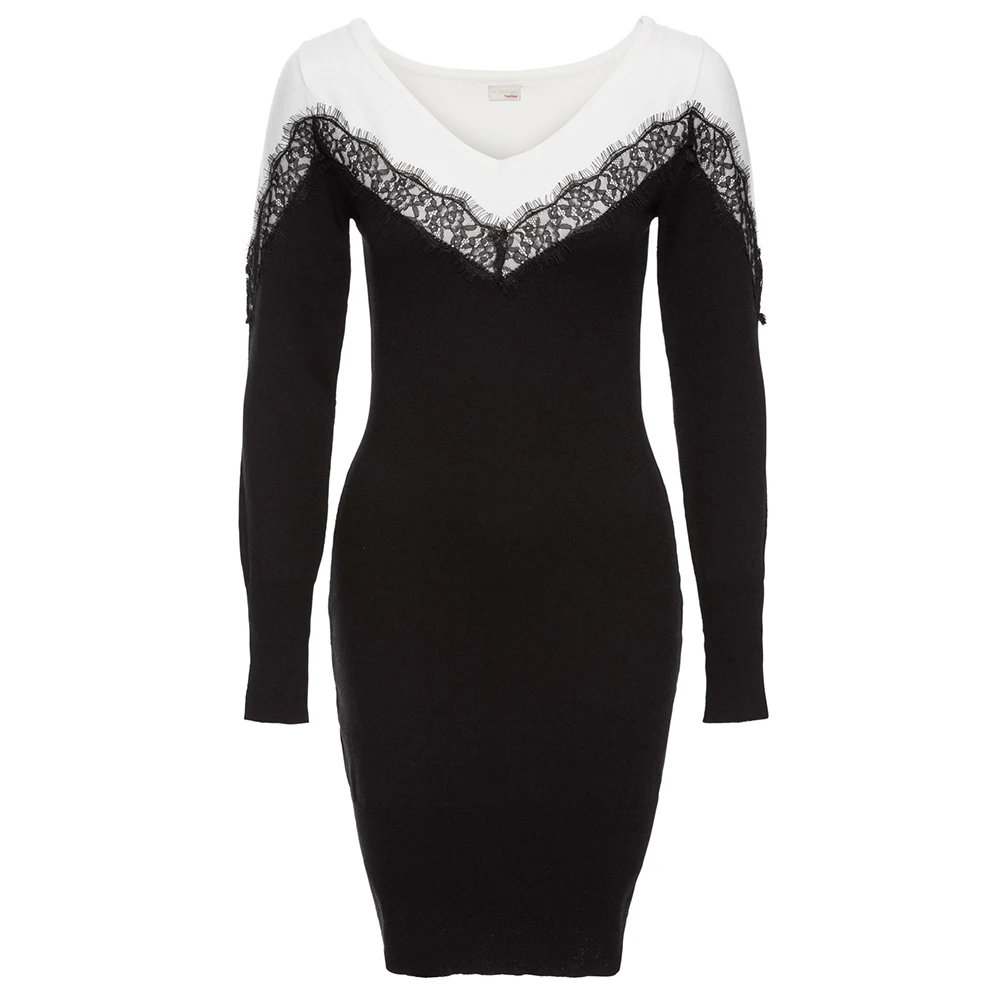 Women Autumn Bodycon Dress Black White Patchwork Lace 2018 New Fashion Elastic Sexy Elegant Long Sleeve | Женская одежда