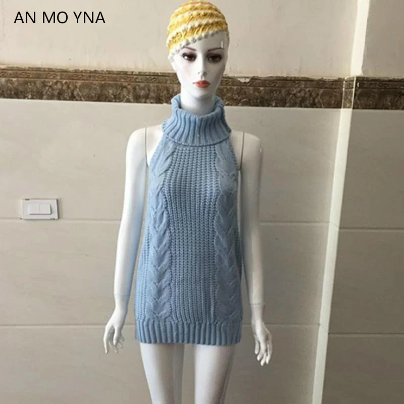 Новый японский синий свитер AN MO YAN 2018 на весну и осень сексуальные ажурные