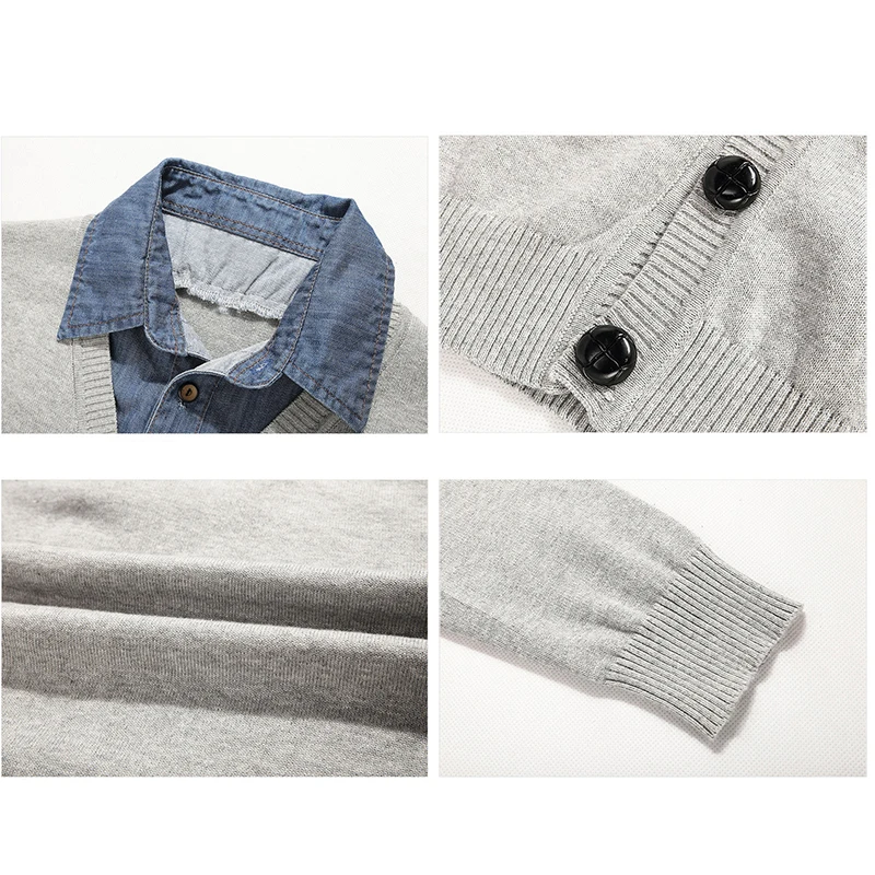 

Vogue Mens Sweaters New Solid Color Casual Mens Fake Two-piece Knit Cardigan Fashion Shirt Collar Slim Sweater Mens Clothing
