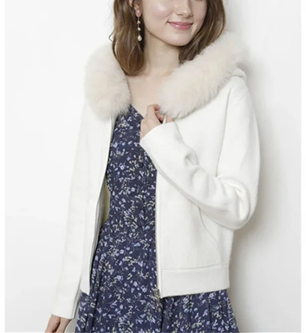 white classic real fox fur hooded collar women fashion zip-up sweatshirts coat wool rabbit hair blend knitted one size - Цвет: white