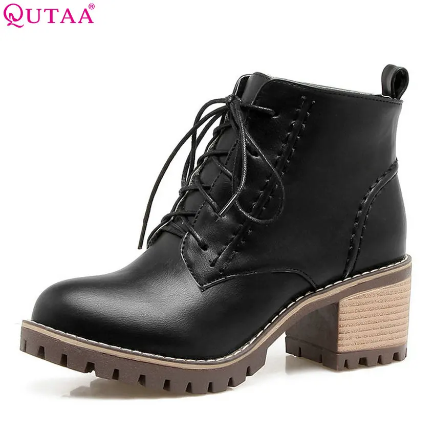 Женские зимние ботинки QUTAA черные из искусственной кожи на шнурках с