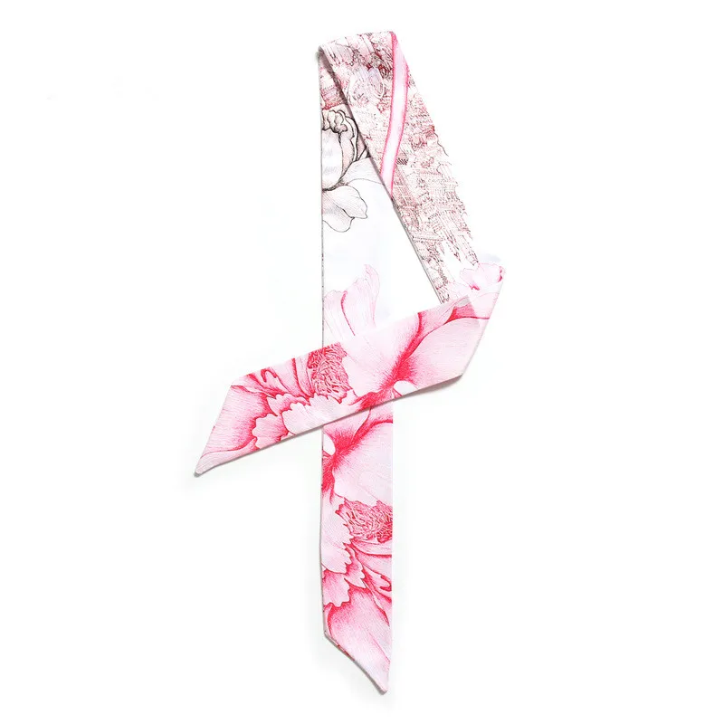 Fashion Peony Flower Print Skinny Scarf New Silk Bag Handle For Women Female Neckerchief Head Scarves &amp Wraps |