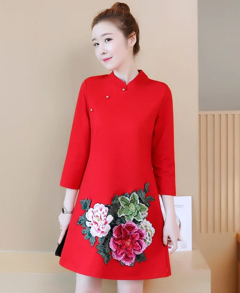 Женское платье осень Cheongsam Qipao женское восточное платье размера плюс Красное Ретро Новогоднее платье Элегантное китайское платье TA1599