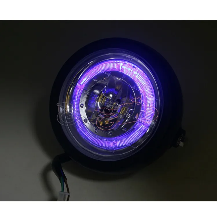 Motorcycle 35W 6.5&quot Blue LED Angel Eye Headlight Headlamp High/low Beam+Metal Retro Grill Mask for Honda Cafe Racer Yamaha |