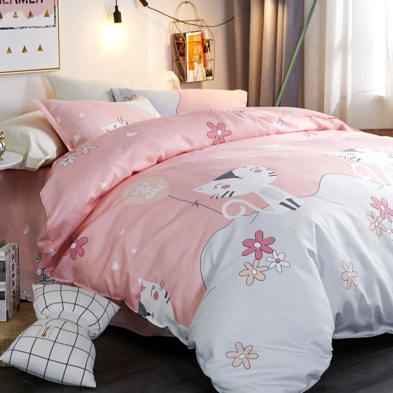 Cartoon Cute Kitten Pattern Bedding Sets Set Polyester Fabric Reactive Printing Hot Sale Comforter Bed Queen Size 3/4Pcs | Дом и сад