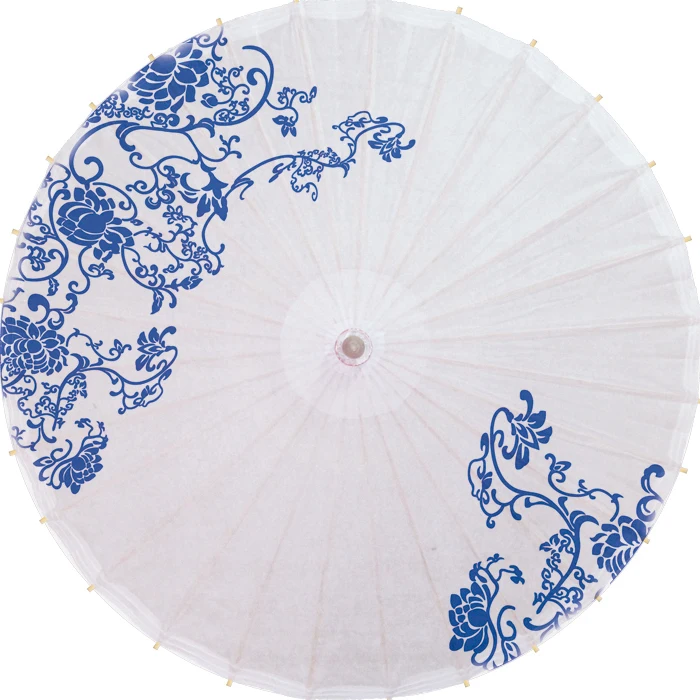 JPY Vintage Chinese Blue Paper Parasol Umbrella Decor Floral with Flowers Pattern | Дом и сад