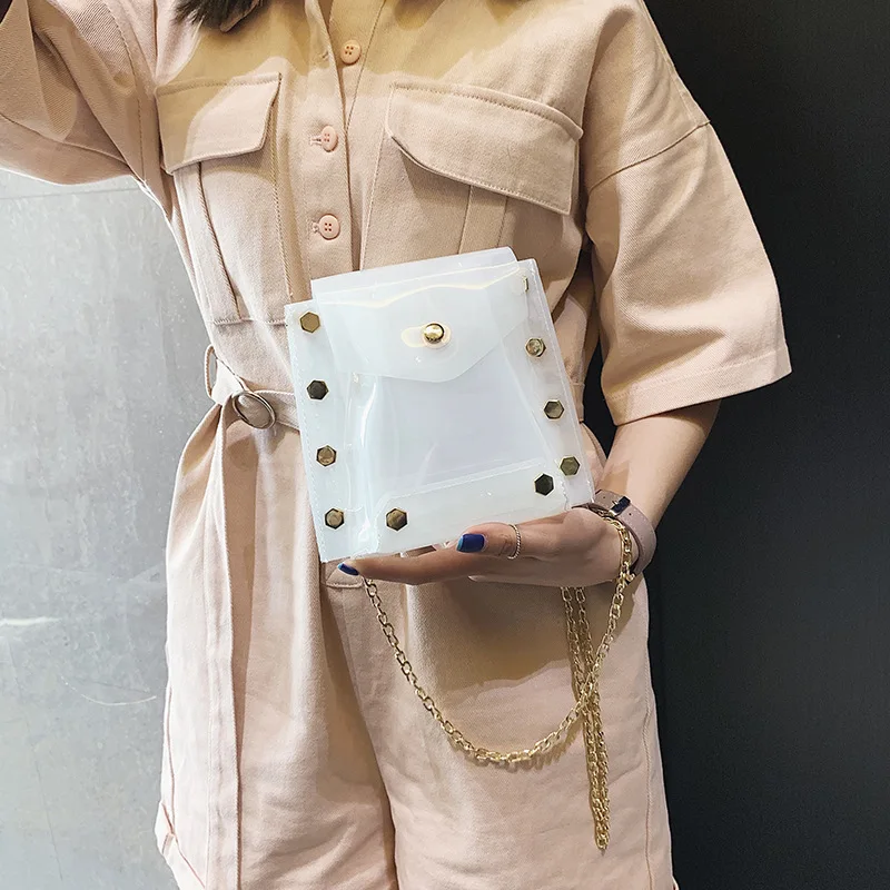 

Sac Transparent Femme 2019 New Women Messenger Bags Laser Rivet Clear Purse Jelly Bag Fashion Chain Shoulder Messenger BagWWJ368