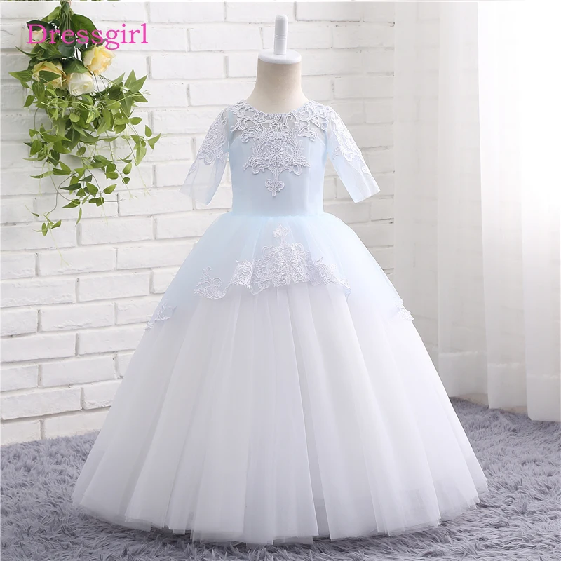

Sky Blue Flower Girl Dresses For Weddings A-line Short Sleeves Tulle Lace First Communion Dresses For Little Girls