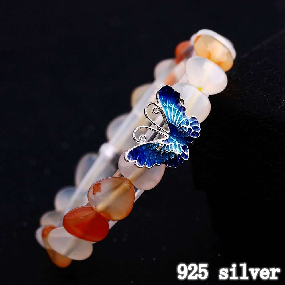 Yumten Agate Heart 925 Silver Butterfly Ladies Bracelet Jewelry Wristband Womens Bracelets Viking Love Bracciali Donna | Украшения и