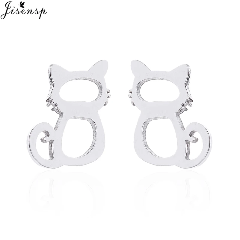 silver earrings Jisensp классические асимметричные серьги-гвоздики с животными для девочек с милым рисунком кота и мышки, детские ювелирные изделия, подарок - Окраска металла: silver earrings