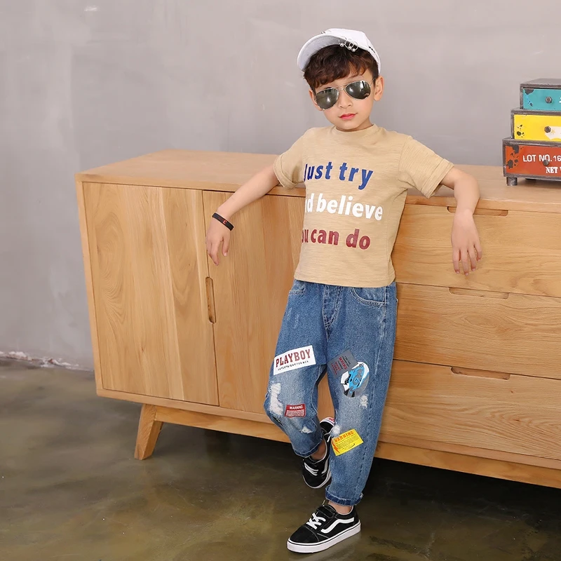 Джинсы для больших мальчиков 2019 хлопковые модные джинсы подростков высокое