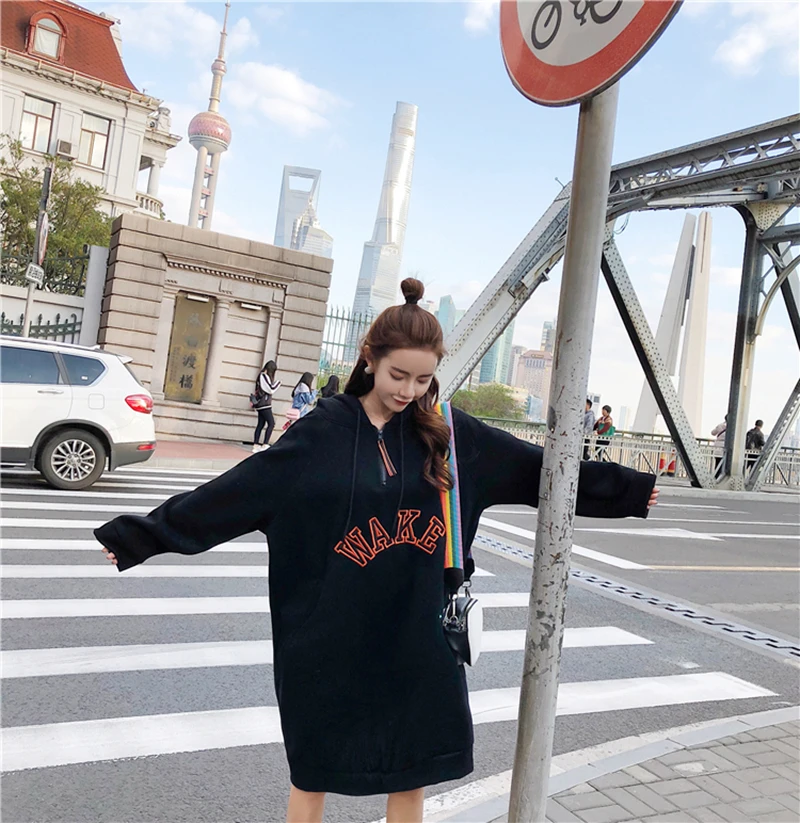 L-3XL New Fall Winter Women Letter Print Loose hoodies Dress Girl streetwear Trend Fashion Long Style Pullovers Sweatshirts