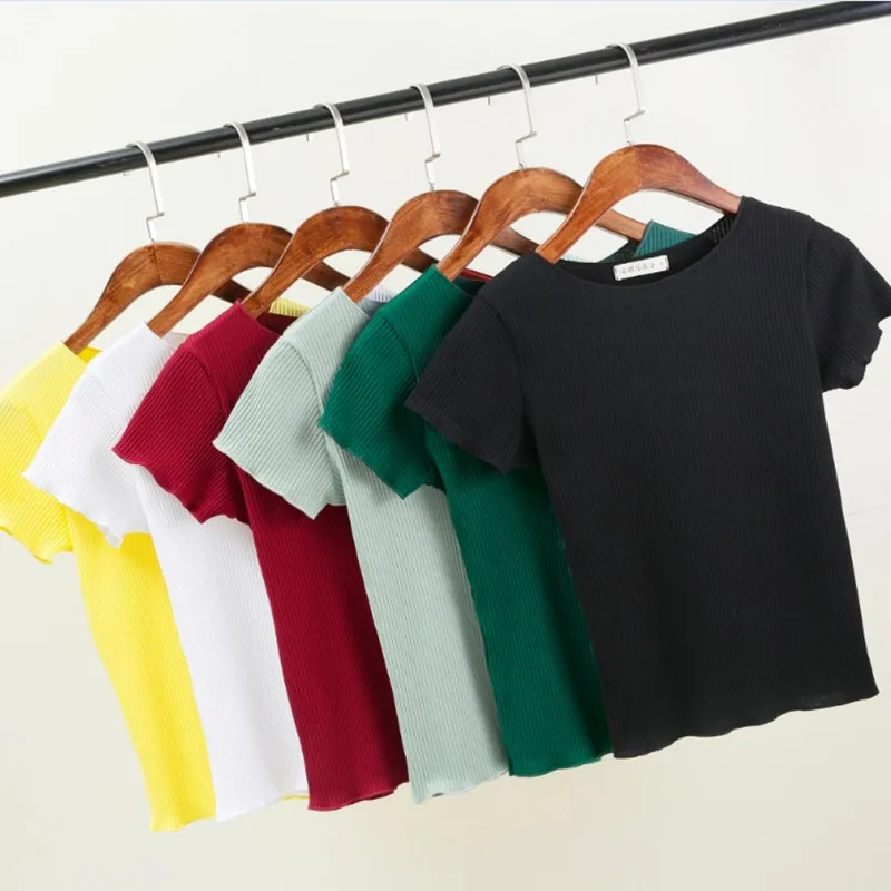 Vintage Wood ears O neck Short sleeve T-shirt 2020 New Woman Slim Fit t shirt tight tee Summer Retro Tops 6 colors | Женская одежда