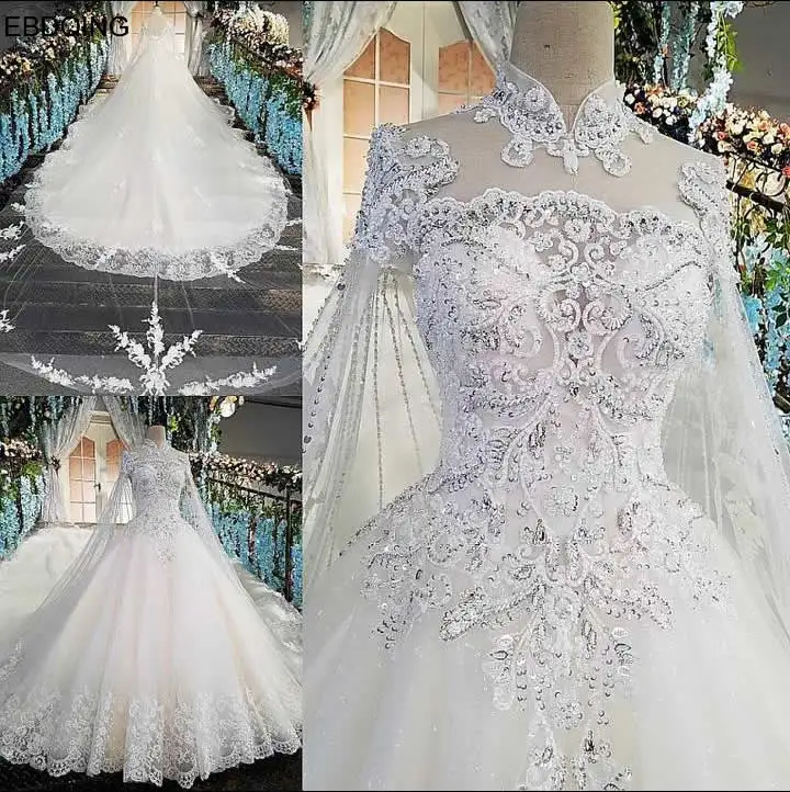 EBDOING Luxurious Lace Ball Gown Wedding Dress High Neckline Vestidos De Novia Custom Made Plus Size Bride Dress