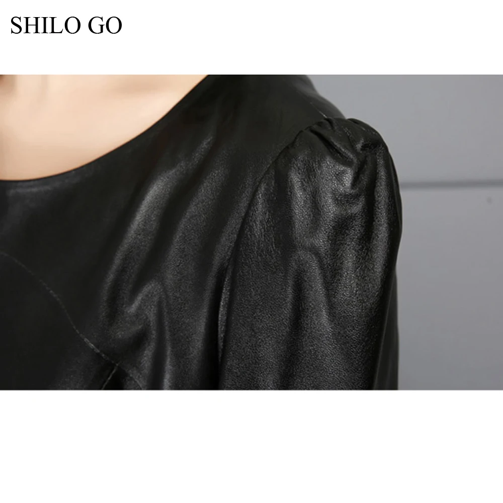 Женское винтажное платье трапеция SHILO GO черное из натуральной овечьей кожи с