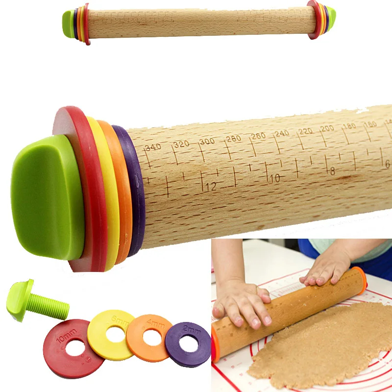 

43*3.5cm Baking Fondant Cake Pastry Roller Large safety non-stick adjustable solid wood Rainbow Rolling Pin
