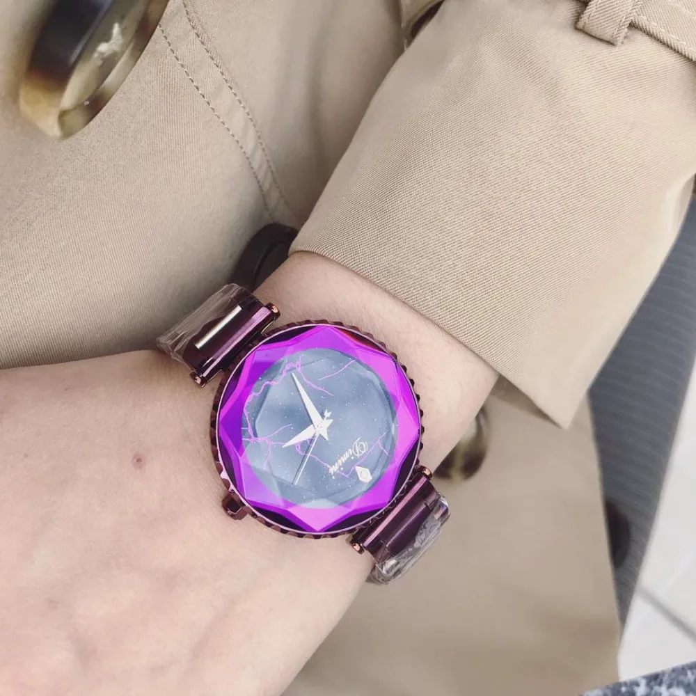 

Tempting Devil Purple Women Party Dress Watches Cool Lightning Watch Anti Fading Full Steel Wrist watch Faceted Crystal Marble