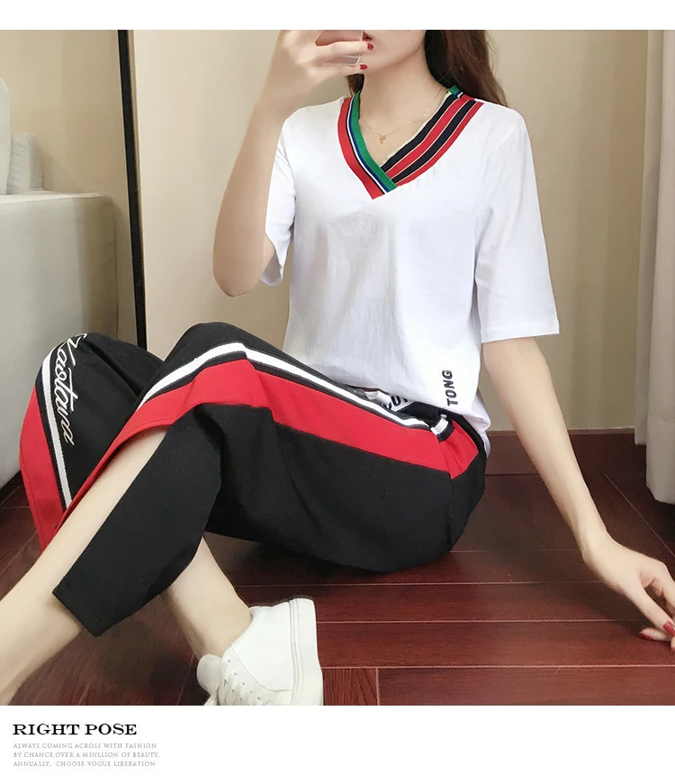 LKGHULO 2018 Летний Новый женский белый Хлопковый повседневный костюм футболка с