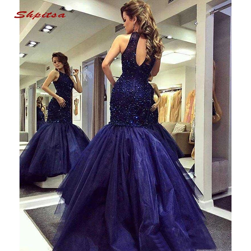 Сексуальные Длинные вечерние платья-русалки для вечеринки темно-синие роскошные