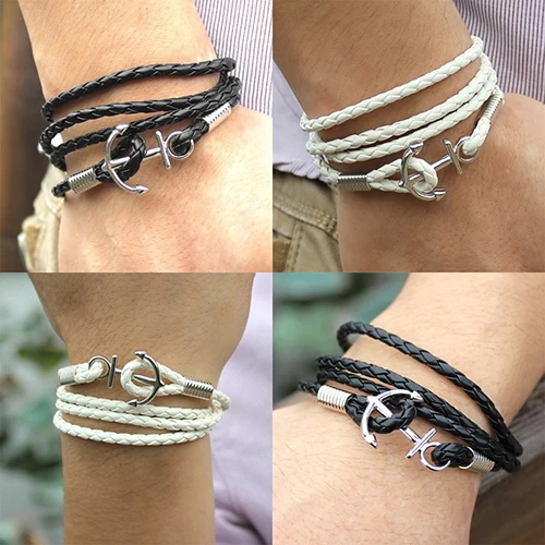 Hot Men's Anchor Faux Leather Multilayer Braided Bangle Charm Infinity Bracelet 6Y3U 7EPU BDZR | Украшения и аксессуары