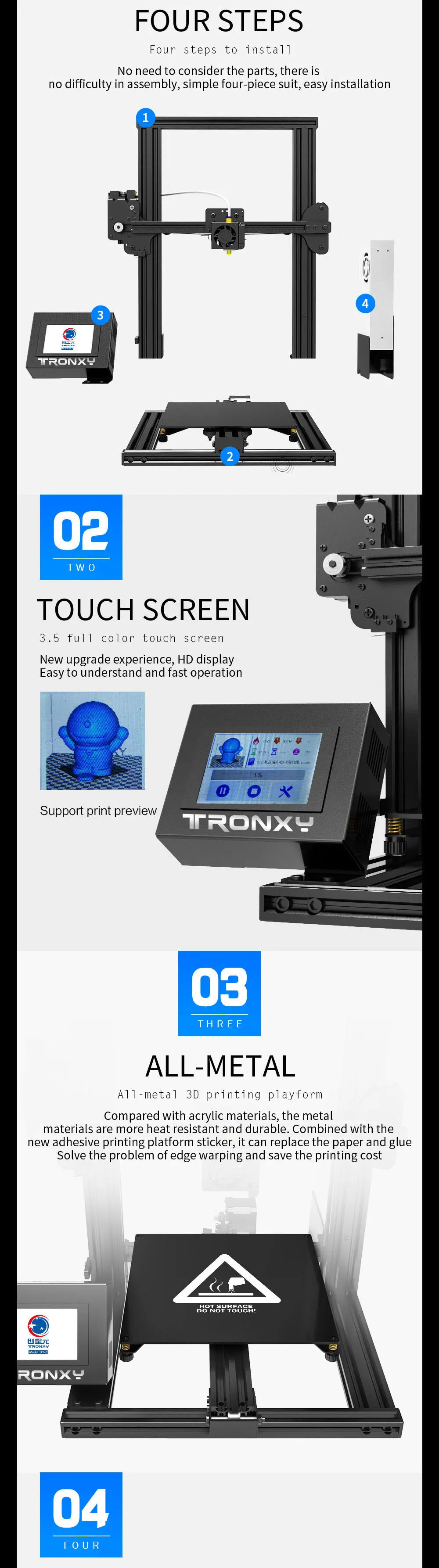 Tronxy XY-2 быстрая сборка металлический 3d принтер 220*220*260 мм высокая печать Магнитная Тепловая бумага 3,5 дюймов сенсорный экран