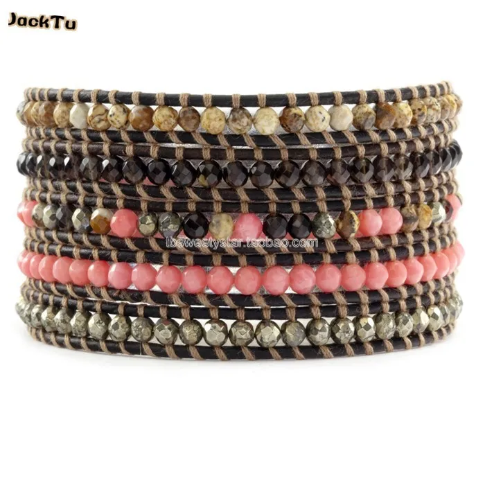 

pink coral pyrite smoky beads leather wrap bracelet punk for woman