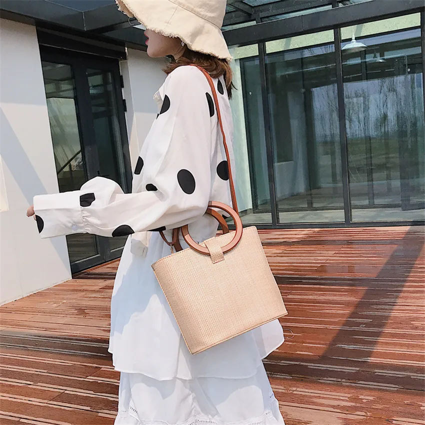 TOYOOSKY Женская модная соломенная сумка с круглой деревянной ручкой сумка-тоут